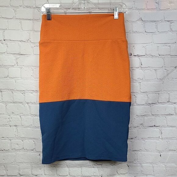 LuLaRoe Cassie Bodycon Skirt Orange Blue Colorblock Jaquard Stretch Pencil SMALL - Picture 2 of 8